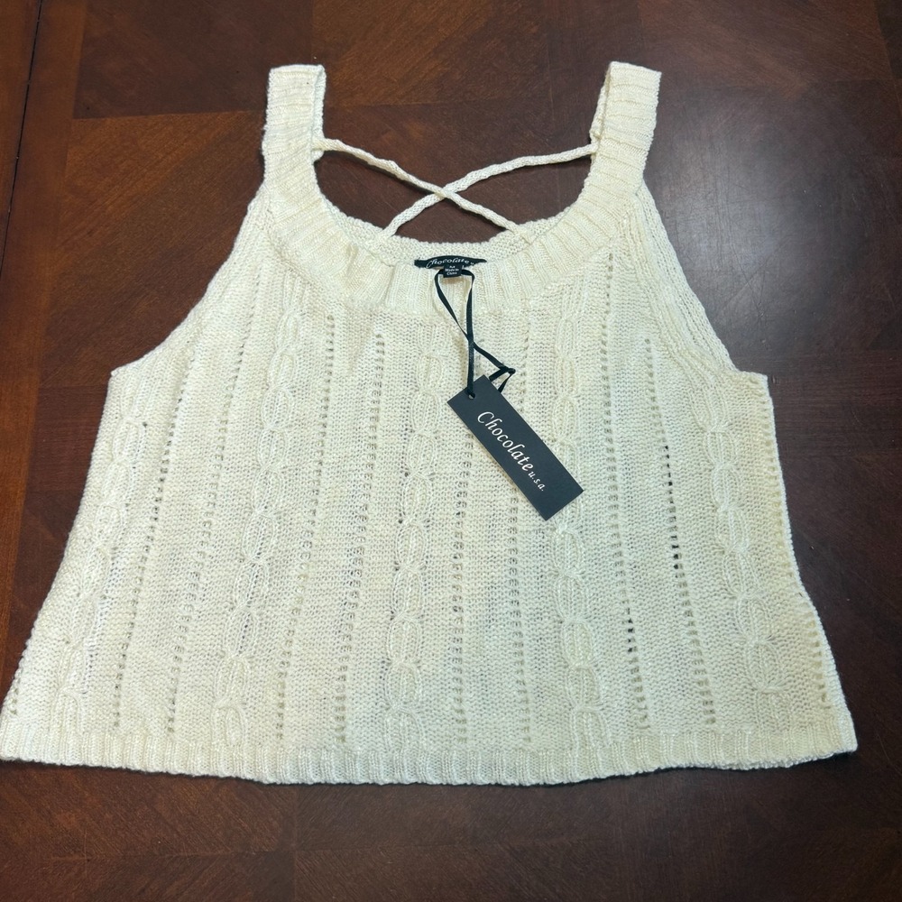 USA‎ Cable Knit Sweater Tank Top Ivory Cream Knit Women's Size M Chocolate